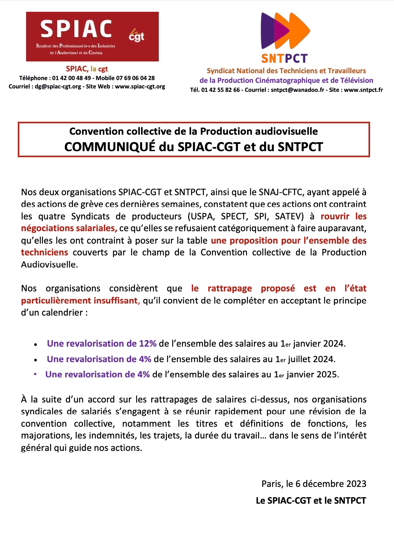 Communiqué SPIAC-CGT SNTPCT du 6 décembre 2023