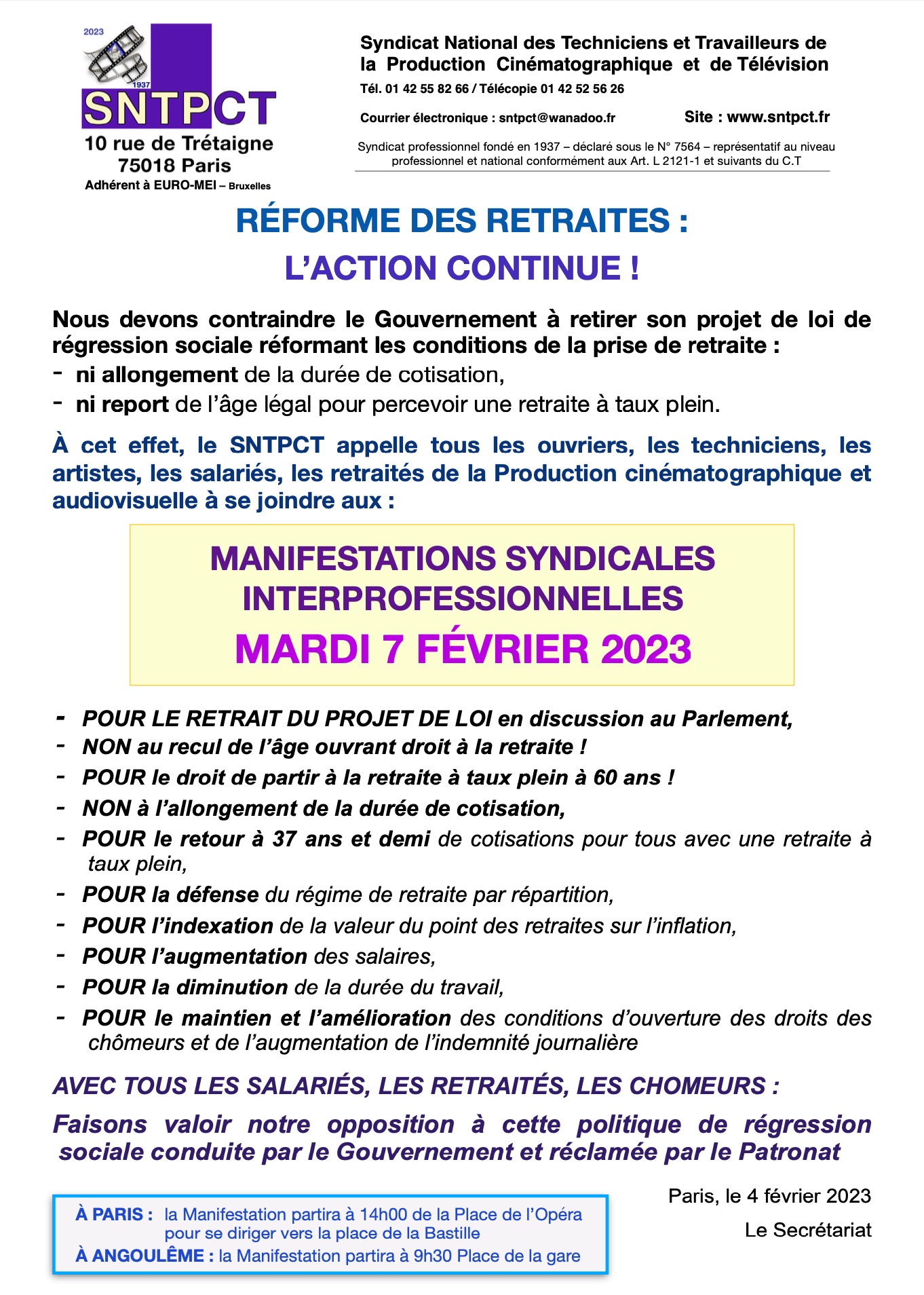 SNTPCT pour Manifestations interro retraites du 31 janvier 2023