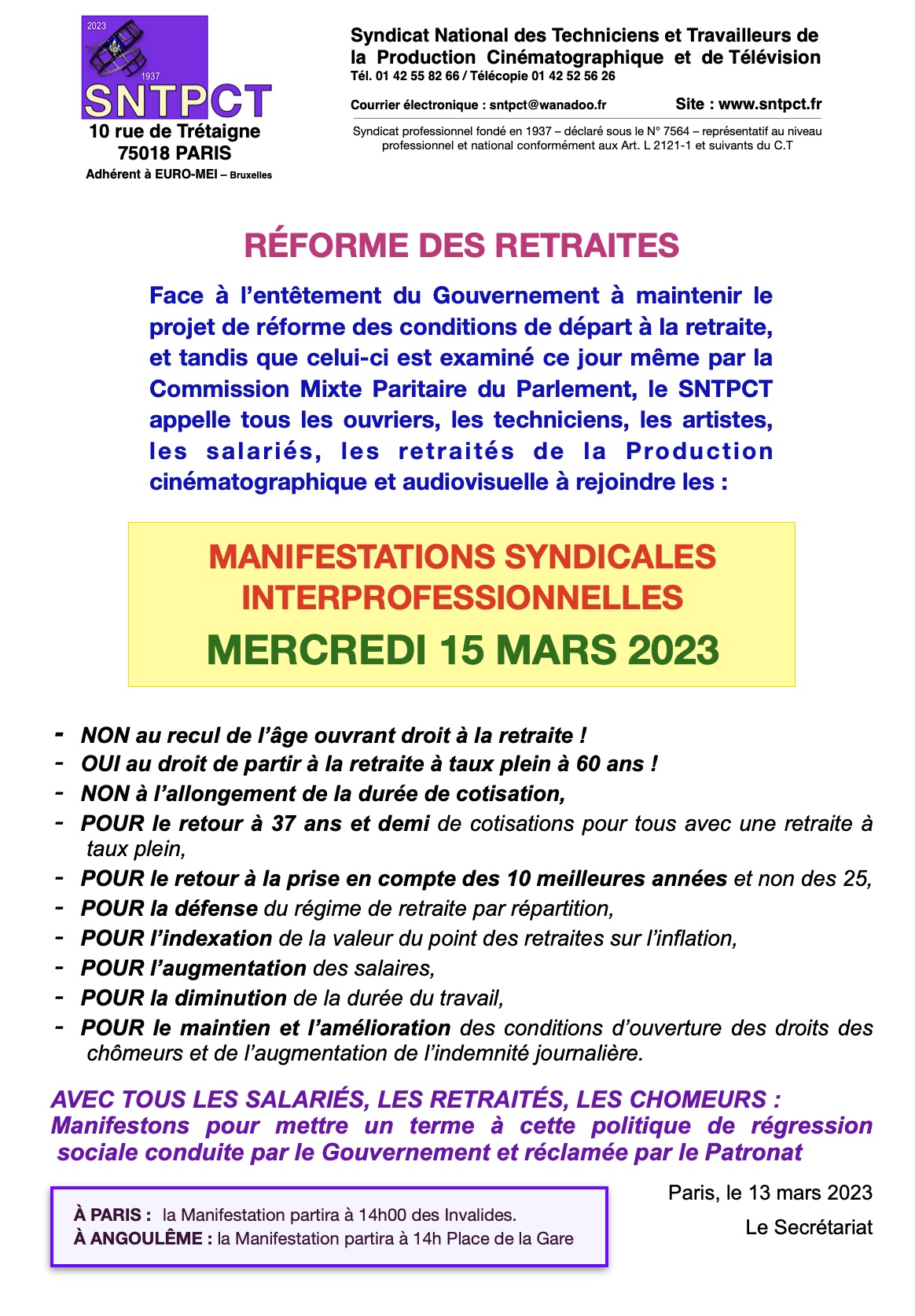 SNTPCT pour Manifestations interro retraites du 11 mars 2023