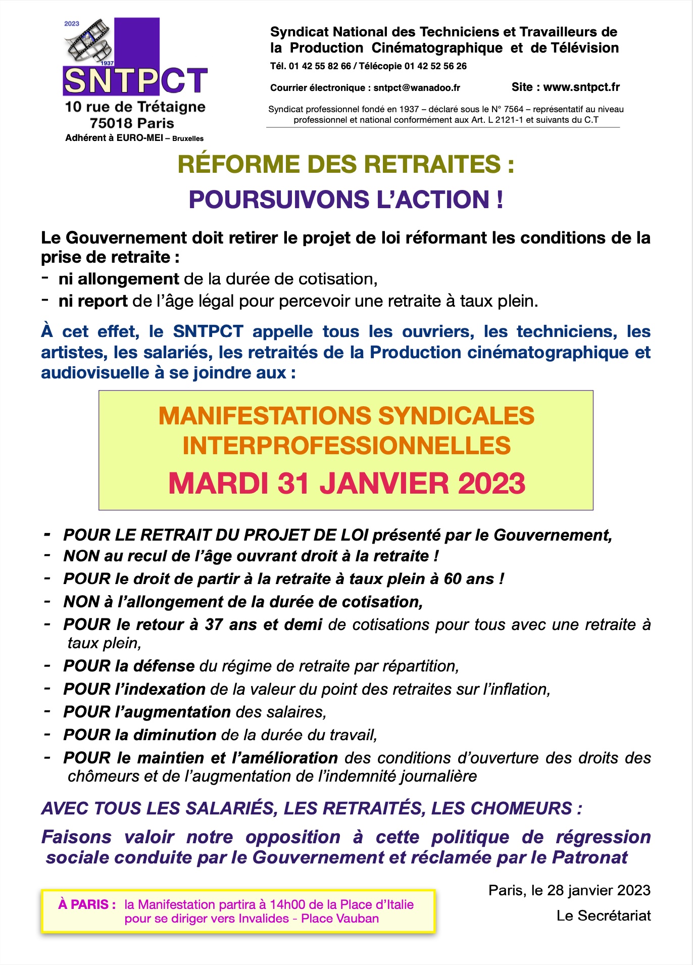 SNTPCT pour Manifestations interro retraites du 31 janvier 2023